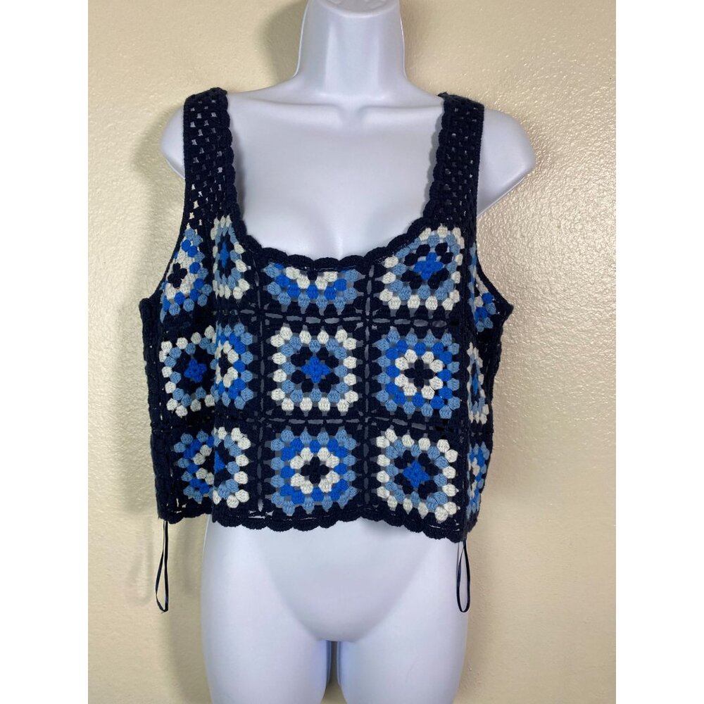 Handmade Sincerely Jules Crochet Tank‎ Top Size XL Blue White Granny Square Boho